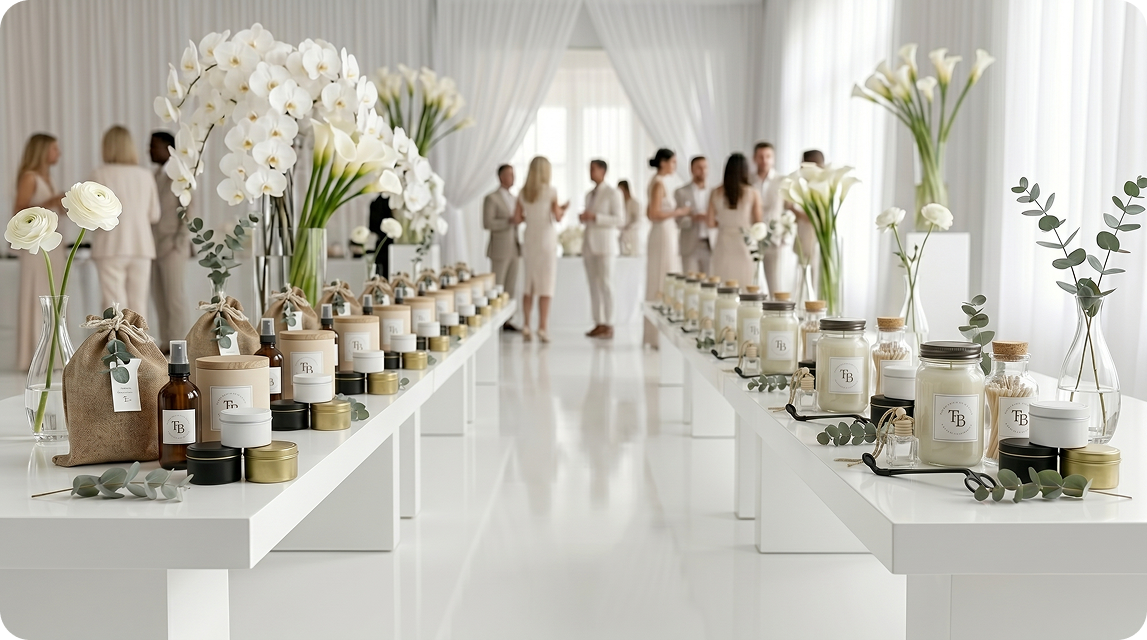 Corporate event display with personalized candles
